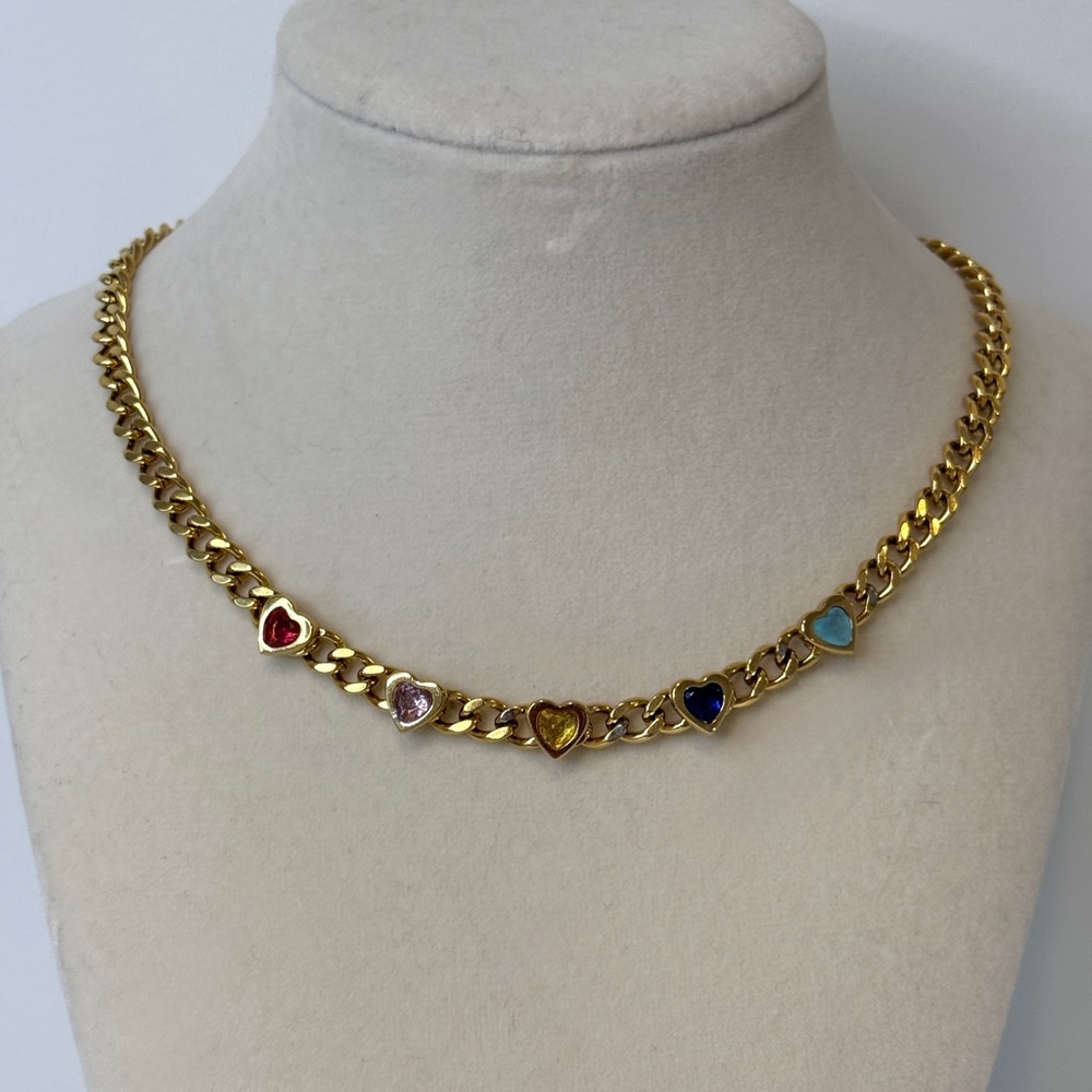 Gold-Tone Heart Charm Link Necklace with Multicolor Hearts